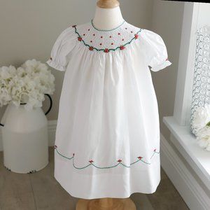 White Smocked Feltman Brothers Bishop Dress Red Green Embroidery NWT ADORABLE